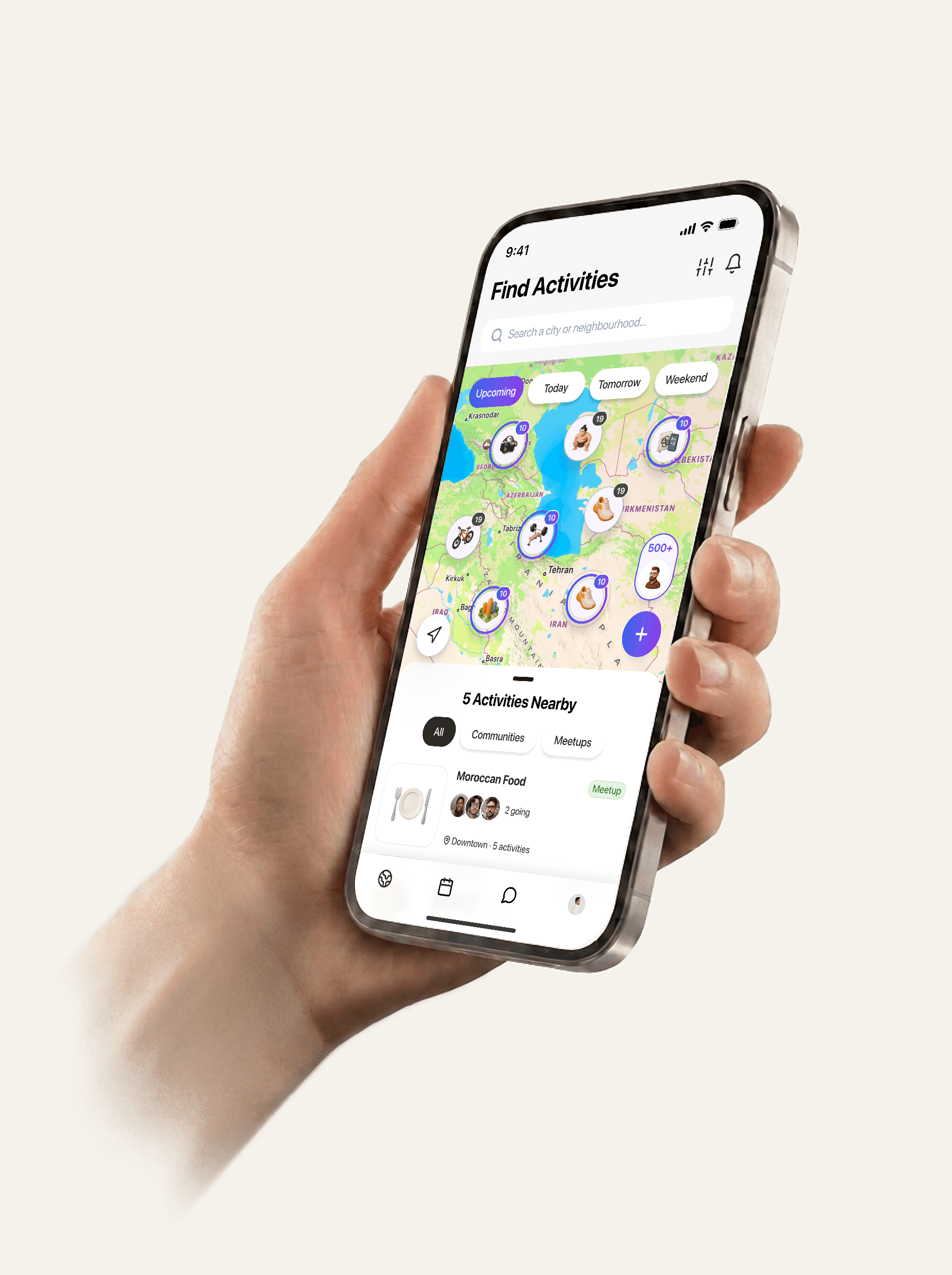 A hand holding the Fusemi app, showing the map of activities in Da Nang